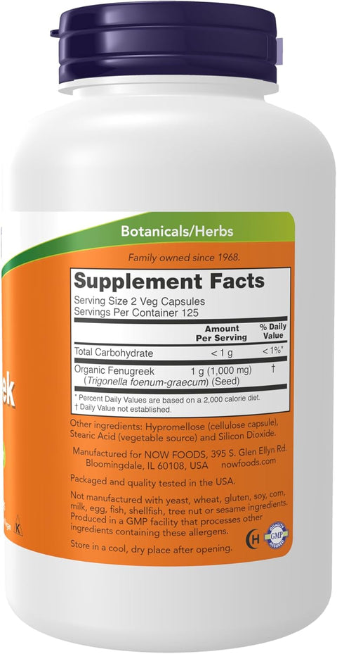 NOW Organic Fenugreek Çemen tozu ekstrat (Trigonella foenum-graecum) 500 mg 250 Veg Capsules