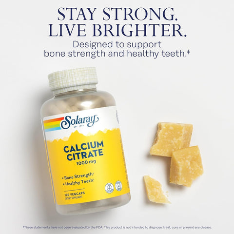 Solaray Calcium Citrate 1000mg - Chelated Calcium Supplement - Vegan - 30 Servings, 120 VegCaps