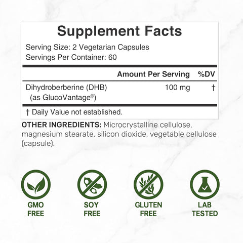 Deal Supplement Dihydroberberine GlucoVantage 100mg Per Serving, 120 Veggie Caps