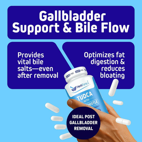 Herbtonics TUDCA Gallbladder Milk Thistle & Pterostilbene Bile Salt for Liver Cleanse Detox Healthy Bile Flow, and Digestive Health 60 Caps