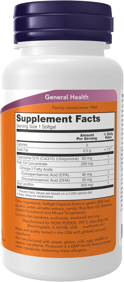 NOW Foods CoQ10 60 mg with Omega 3 Fish Oil Ubikinon 60 Softgels