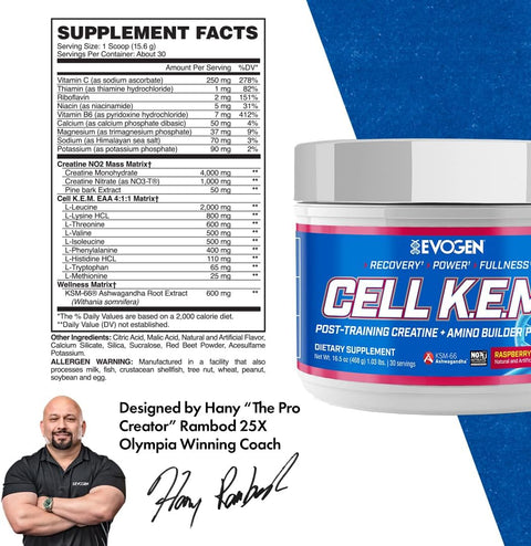 Evogen Cell K.E.M. Post Workout Recovery Creatine Monohydrate BCAA Powder EAAs 30 Servings