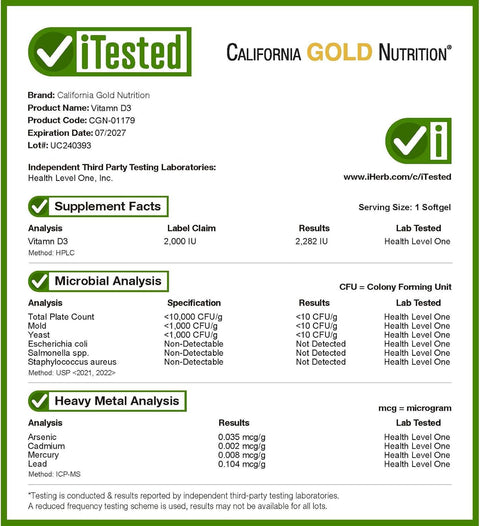 California Gold Nutrition Vitamin D3, 50 mcg (2,000 IU), 90 Fish Gelatin Softgels