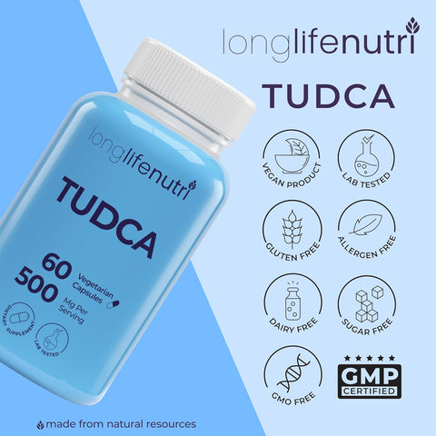 LongLifeNutri TUDCA - Tauroursodeoxycholic Acid Bile Salt 500mg per Serving & 60 Vegetarian Caps