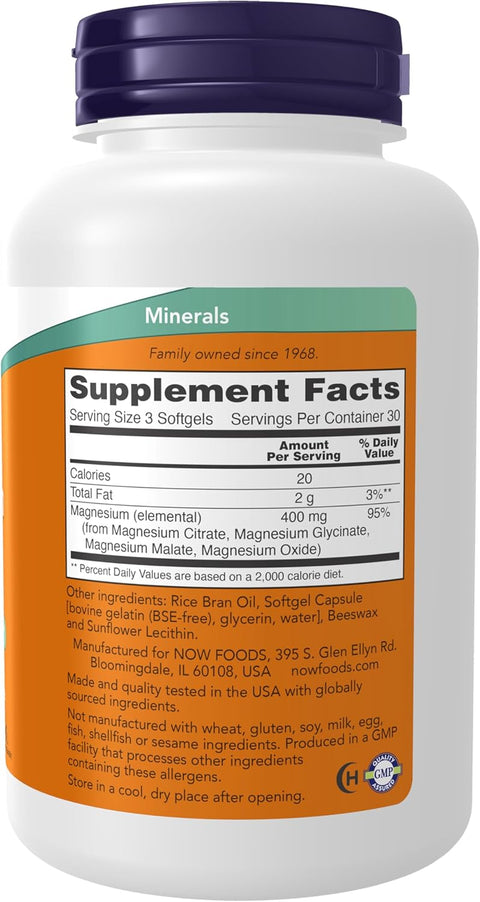 NOW Magnesium Citrate, With Glycinate & Malate, Nervous System Support 90 Softgels