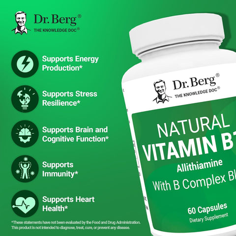 Dr. Berg Natural Vitamin B1 B6 B12 Complex Allithiamine Vitamin B1 Thiamin, Niacin, Folate, Magnesium & More - 60 Caps