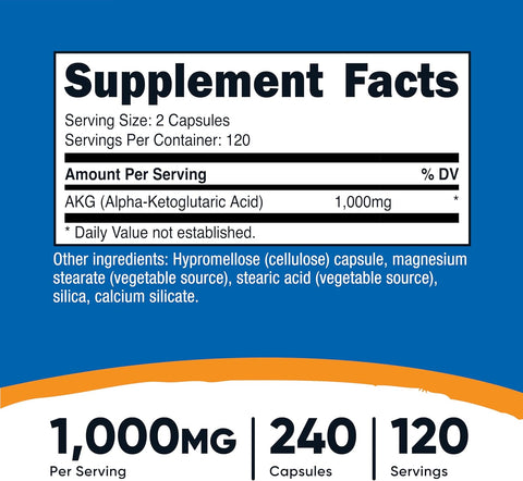 Nutricost AKG Alpha Ketoglutaric Acid Supplement 1,000 mg, 240 Capsules, 120 Servings Per Bottle - Powerful Precursor to Glutamine & Arginine, Energy Support