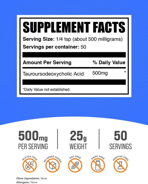 BulkSupplements TUDCA Tauroursodeoxycholic Acid Liver Powder 500mg 25 Gr 50 Servis