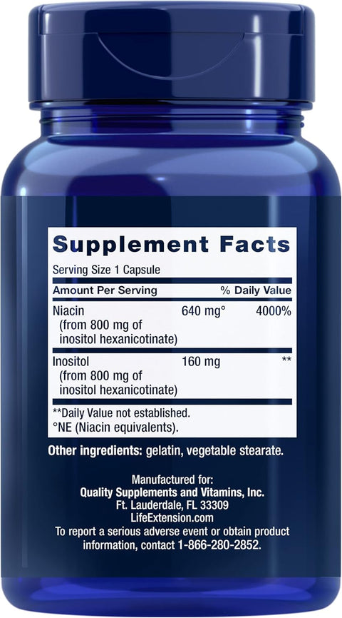 Life Extension No Flush Niacin İnositol B3 Heart Health Cholesterol Energy Support 640 mg 100 Caps