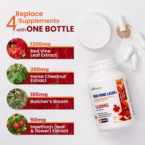 inGreens Red Vine Leaf Extract 1630mg with Horse Chestnut Butcher’s Broom Hawthorn Varicose Veins Leg Circulation Heart Skin 60 Caps