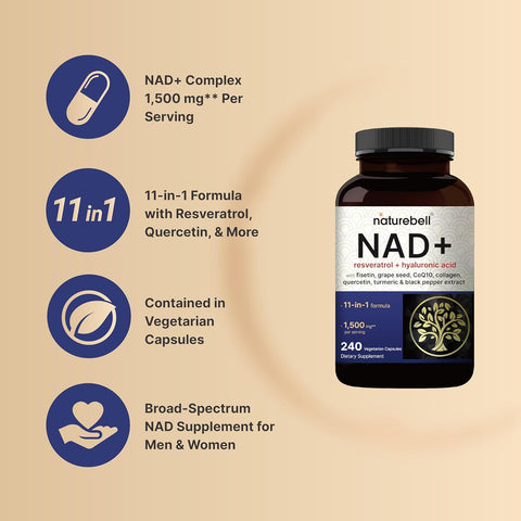 NatureBell NAD+ 11-in-1 Complex 1,500 mg NMN Alternative Resveratrol CoQ10 Hyaluronic Acid, Fisetin 240 Veggie Caps