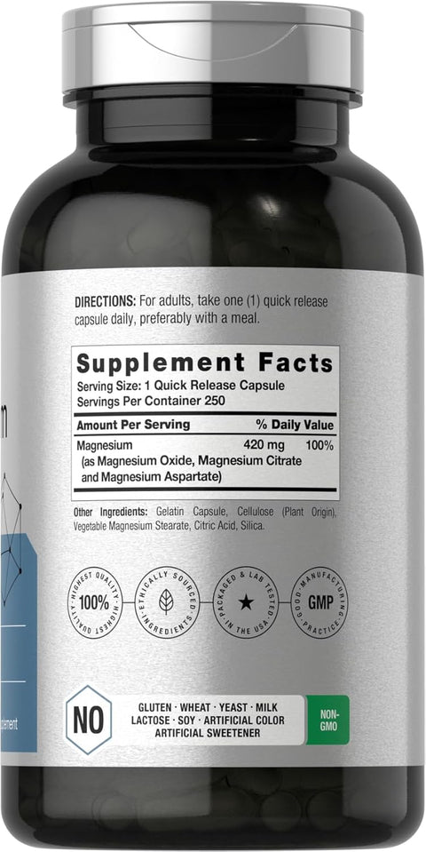 Horbäach Triple Magnesium(Magnezyum) Complex 420 mg 250 Caps Gluten Free Magnesium Oxide, Citrate