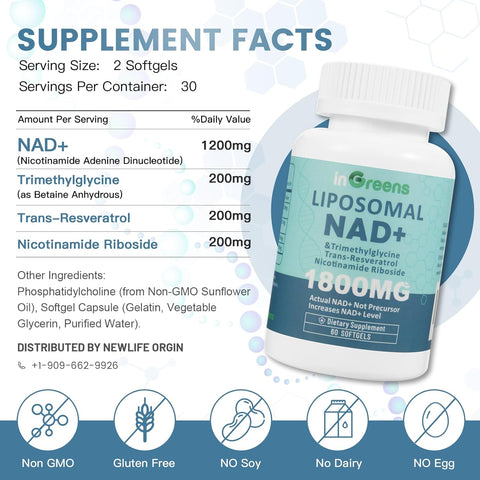 inGreens Liposomal NAD+TMG+RESVERATROL+NİCOTİNAMİDE Supplement 1800 mg 60 Softgel