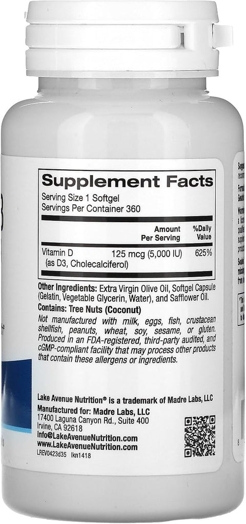 Lake Avenue Vitamin D3 Immune System Bone Health 5000 IU 360 Softgels