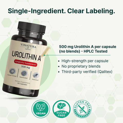 VINATURA Urolithin A 500mg Urolithin A+ Antioxidants Anti-Aging & Mitochondrial Support 30 Caps