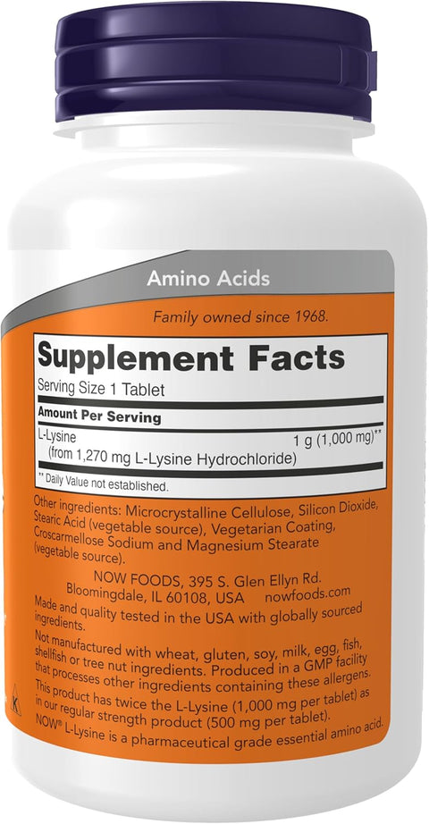 NOW Foods, Double Strength L-Lysine(Lizin) Çift Güçlü, Amino Asit 1,000 mg, 100 Tablet