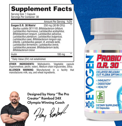 Evogen Probiotic D.R. lactobacillus Gut Flora Optimizer Immunity Digestion Health 30 Billion CFUs 30 Caps