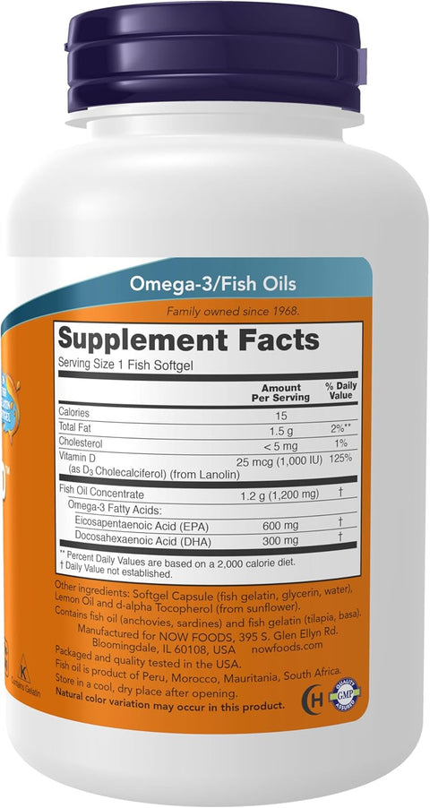 NOW Ultra Omega 3-D™, Omega 3 Fish Oil 1200 mg EPA 600 DHA 300 + Vitamin D-3 90 Softgels