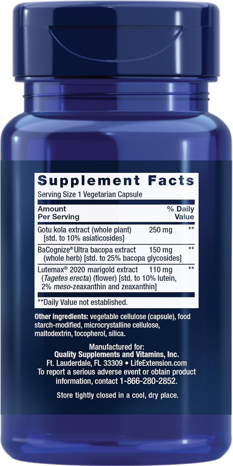 Life Extension Quick Brain Nootropic Lutein zeaxanthin gotu kola bacopa 30 Veg Caps