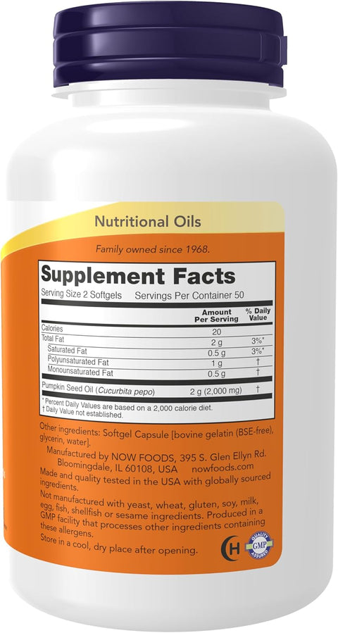 NOW Pumpkin Seed Oil 1000 mg with Essential Fatty Acids and Phytosterols Cold Pressed 100 Softgels