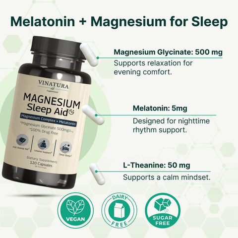 VINATURA Sleep Aid Magnesium Glycinate Complex with Melatonin with L-Theanine - 120 Caps