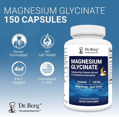 Dr. Berg Maximum Strength 4-in-1 Chelated Magnesium Glycinate D3, B6 & Zinc 150 Caps