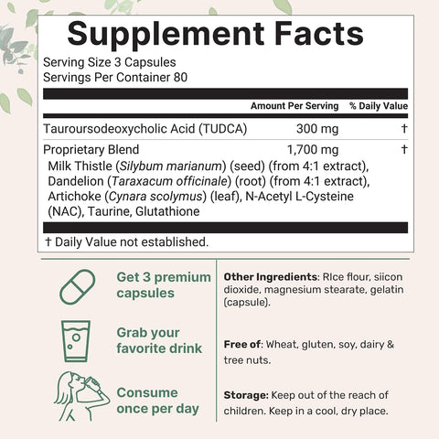 Micro Ingredients TUDCA Bile Salts 7-in-1 Complex with NAC Milk Thistle Glutathione Dandelion & Artichoke 2,000mg 240 Caps