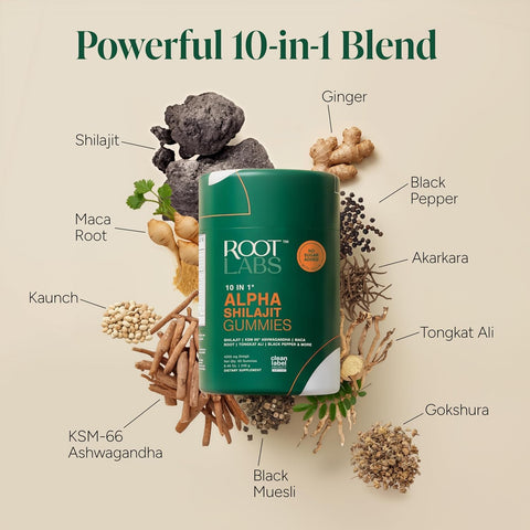 ROOT LABS 10-in-1 Alpha Shilajit Gummies 4000 mg Ksm66 with Tongkat Ali & Maca Root Men & Women 60 Gummies