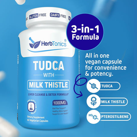 Herbtonics TUDCA Gallbladder Milk Thistle & Pterostilbene Bile Salt for Liver Cleanse Detox Healthy Bile Flow, and Digestive Health 60 Caps