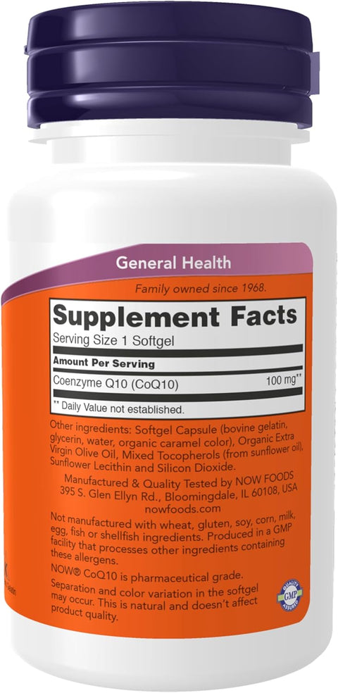 NOW Foods, CoQ10 Coenzyme Koenzim Grade, Cardiovascular Health 100 mg, 50 Softgels