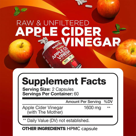Nutrivein Premium Apple Cider Vinegar Digestion, Keto, Cleansing, and Balanced 1600 mg - 120 Caps
