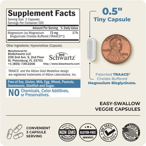 BioSchwartz Maximum Absorption Magnesium Bisglycinate Sleep, Muscle, Bone & Joint Support 360 Veggie Caps