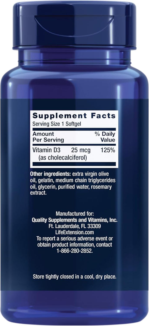 Life Extension Vitamin D3 1000 IU Immune System Support Bone Health 250 Softgels