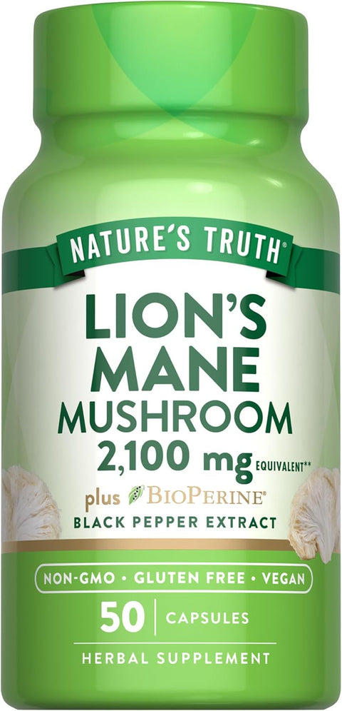 Nature's Truth, Lion's Mane(Aslan yelesi mantarı) Mushroom Plus BioPerine®, 2100 mg, 50 Capsules