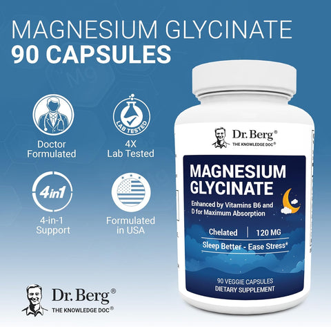 Dr. Berg Maximum Strength 4-in-1 Chelated Magnesium Glycinate D3, B6 & Zinc 90 Caps