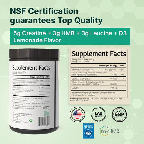 VINATURA Creatine Monohydrate HMB Powder with Leucine Losin Vitamin D3 - Muscle Defense - Vegan Lemonade Flavor 30 Serving