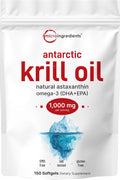 Micro Ingredients Antarctic Krill Oil Astaxanthin Omega-3s EPA & DHA 1000mg 150 Soft-Gels