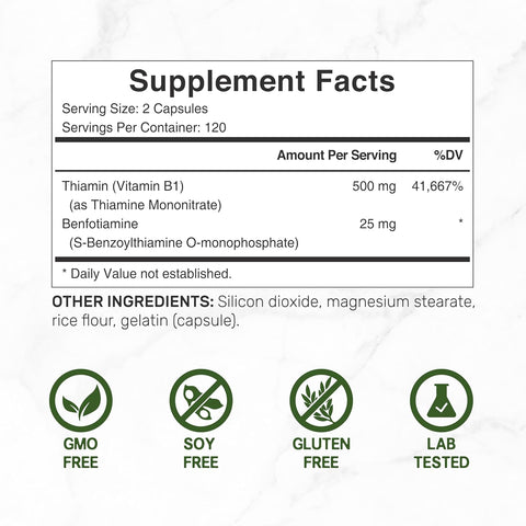DEAL SUPPLEMENT Vitamin B1 Thiamin 500mg Benfotiamine 2 in 1 Enhanced Formula – Fat & Water Soluble 240 Caps