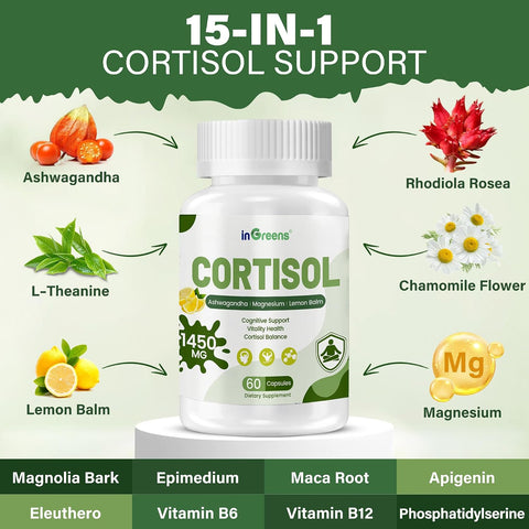 inGreens Cortisol 15-in-1 Ashwagandha Theanine & Lemon balm Rhodiola Magnesium Relaxation & Restful Sleep 60 Caps