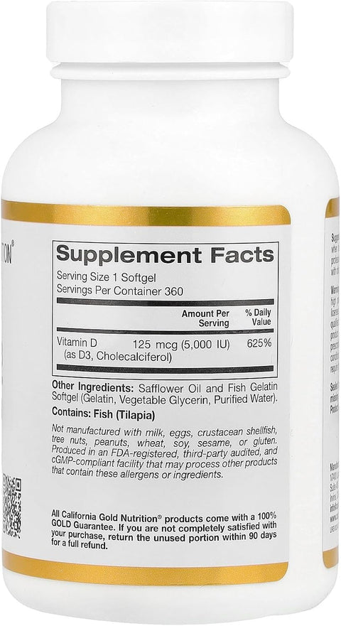 California Gold Nutrition, Vitamin D3, 5,000IU, Cholecalciferol from Lanolin, 125 mcg, 360 Fish Gelatin Softgels