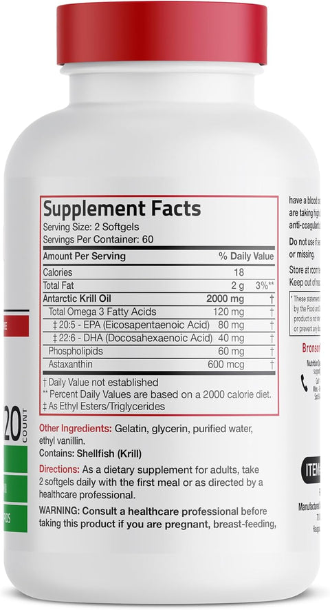 Bronson Antarctic Krill Oil 2000 mg with Omega-3s EPA DHA Astaxanthin and Phospholipids 120 Softgels