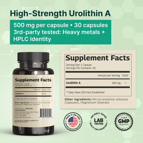 VINATURA Urolithin A 500mg Urolithin A+ Antioxidants Anti-Aging & Mitochondrial Support 30 Caps