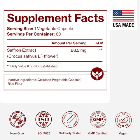 Pure Micronutrients 100% Pure Saffron Extract Boost Energy & Mood, Support Eye & Heart Health 60 Caps