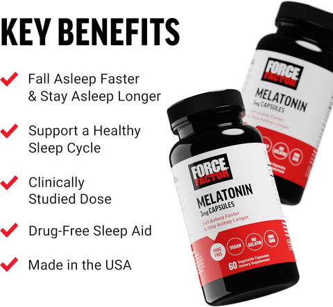 Force Factor Melatonin 3mg, Drug-Free Supplement, Vegan, Non-GMO, 60 Vegetable Caps