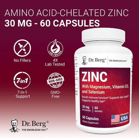 Dr. Berg Zinc Çinko 30 mg 7-in-1 Immune Support with Vitamin D & Selenium for Healthy Skin, Hair & Daily Wellness 60 Caps