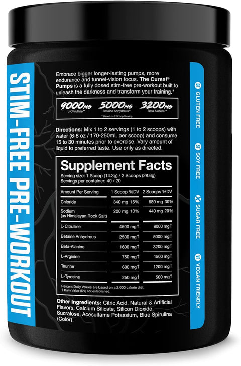 JNX SPORTS The Curse Pump Stim-Free PreWorkout Caffeine Free Nitric Oxide Booster Blue Raspberry, 40 Servings