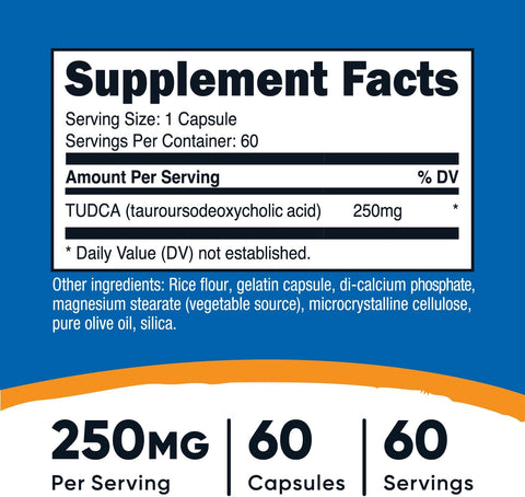 Nutricost Tudca 250mg, 60 Capsules (Tauroursodeoxycholic Acid) Bile salt - Premium Quality
