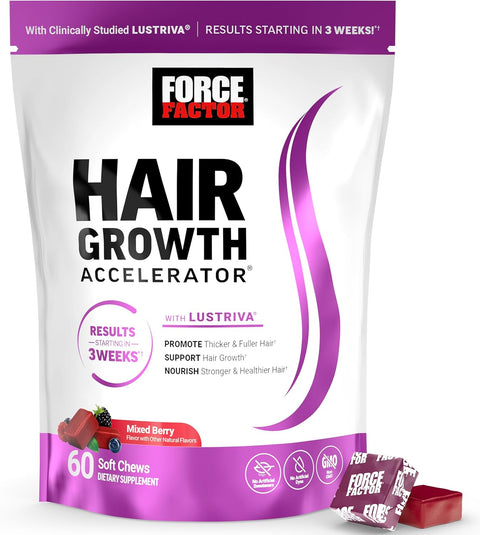 Force Factor Hair Growth Accelerator Hair Skin & Nails Vitamin Biotin Mixed Berry 60 Soft Chews