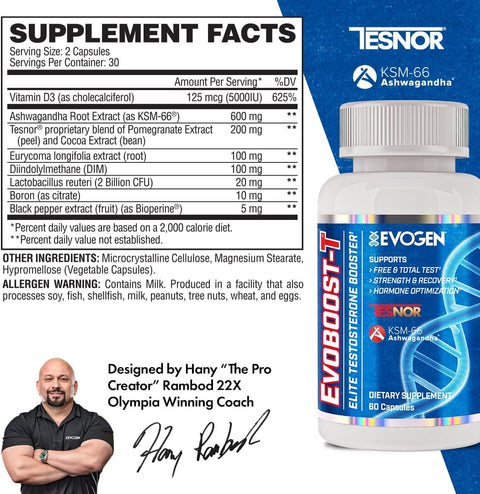 Evogen Evoboost-T Elite Testosterone Booster for Men Hormone Optimization Ashwagandha Tesnor DIM Boron 60 Caps