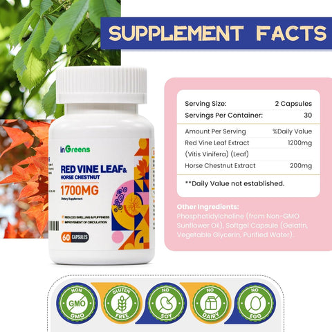 inGreens Red Vine Leaf Extract 1700mg & Horse Chestnut Extract Supports Vein Skin Health 60 Caps